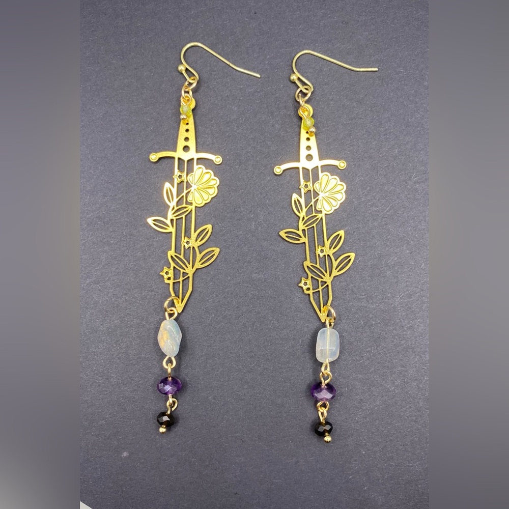 ⚔️🧿Labrodite Amethyst Golden Obsidian Peridot Protective Sword Earrings